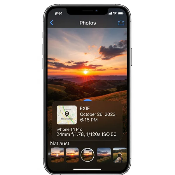 Anzeigen von EXIF-Daten auf dem iPhone über die native Fotos-App.