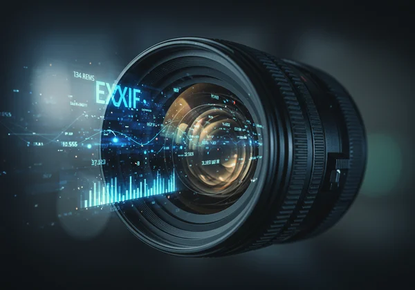 Kanta kamera dengan lapisan digital menunjukkan data EXIF