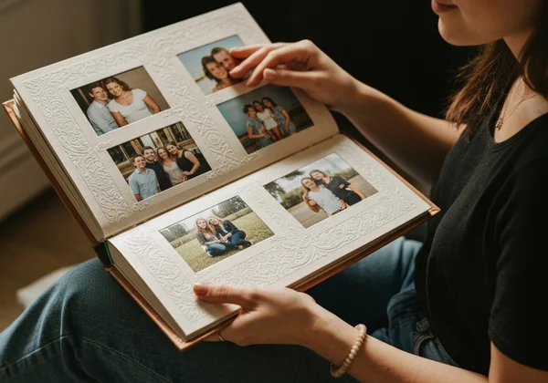 Person, die Fotos betrachtet, mit einer Kartenüberlagerung, die auf vergessene Orte hinweist