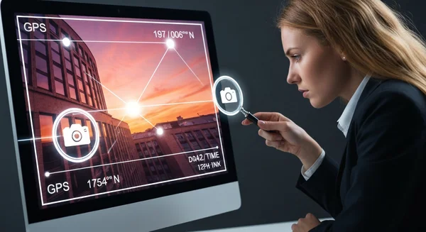 Forensic expert analyzing photo EXIF data