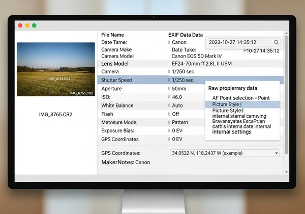 Detaillierte RAW-EXIF-Daten-Viewer-Oberfläche