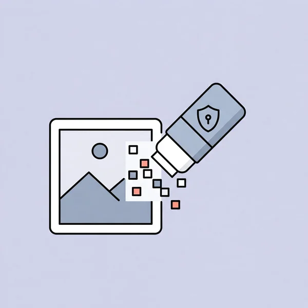 Schilds-Symbol, das ein Foto schützt und einen Metadaten-Entferner darstellt.