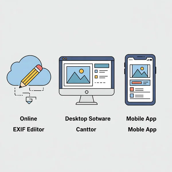 Online-, Desktop- und mobile EXIF-Daten-Editor-Tool-Symbole.