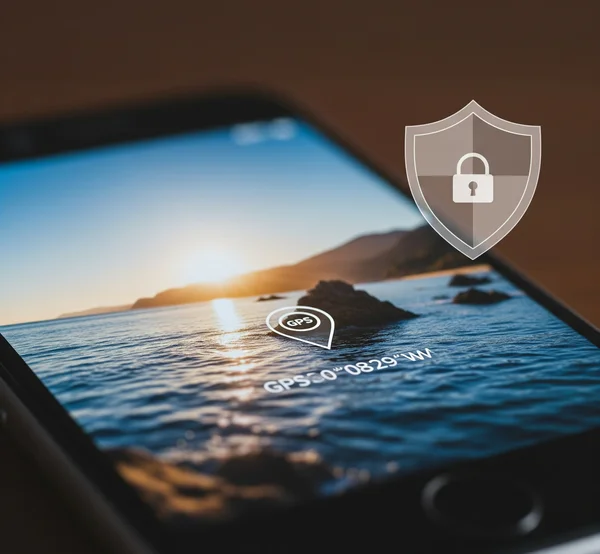 Smartphone showing photo with GPS location, symbolizing privacy