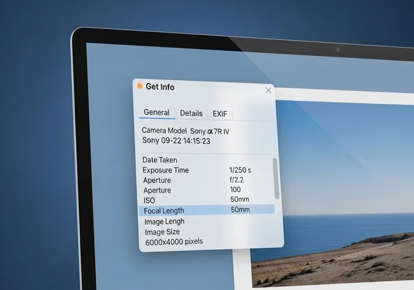 Computerbildschirm, der Dateieigenschaften und EXIF-Details anzeigt.