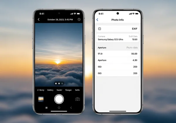 Smartphone-Bildschirme mit Fotodetails und Metadaten.