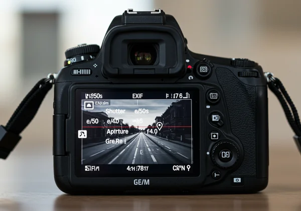 相机屏幕显示 ISO、光圈等 EXIF 详细信息。