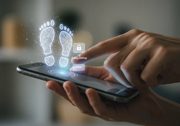 Hand holding smartphone, controlling privacy settings